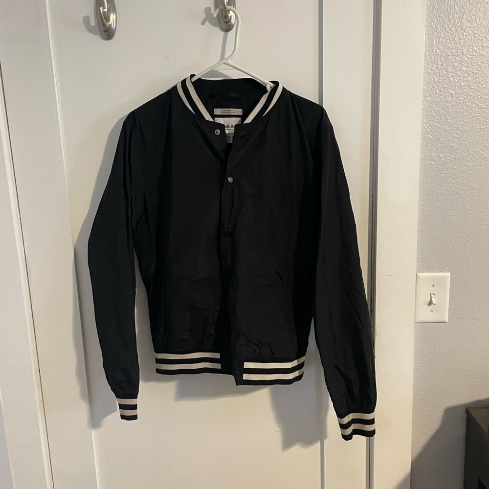 Black Bomber Jacket with Striped Trim